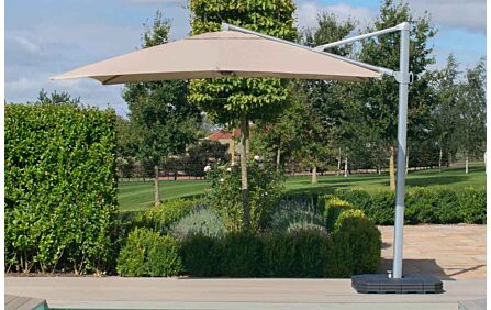 Maze Zeus 3.5m Beige Round Rotating Cantilever Parasol with LED Lights and Base -CAN-ZEU-35-RD-TP-PB 1