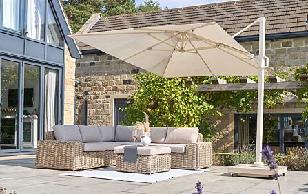 Platinum Challenger T2 3m Square Sandstone/Champagne Free Arm Parasol With Ceramica 90kg Wheeled Base-18-148-SA-CH/18-299-SA 1