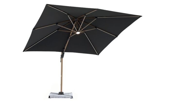 Bramblecrest Truro Wood Effect 3M Square LED Grey Parasol with Granite Base - FREE cover