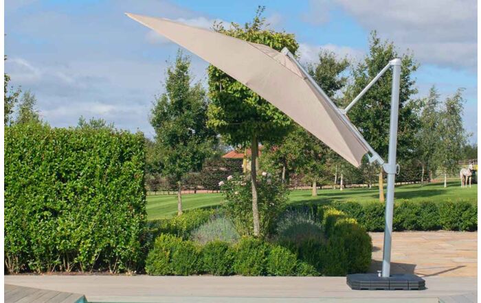 Maze Zeus 3.5m Beige Round Rotating Cantilever Parasol with LED Lights and Base -CAN-ZEU-35-RD-TP-PB
