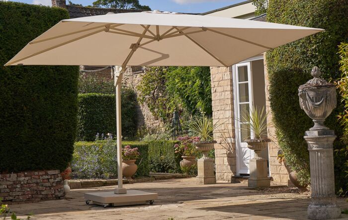 Platinum Challenger T2 3.5 x 2.6 Sandstone/Champagne Free Arm Parasol With 90kg Wheeled Base-18-304-SA-CH/18-125 1