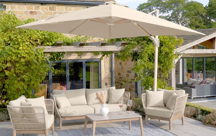 Platinum Challenger Teak Champagne T2 3m Square Free Arm Parasol & 90kg Wheeled Base-18-191-CH & 18-125