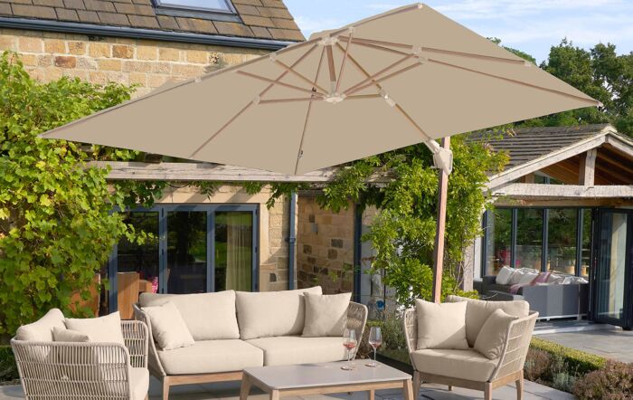 Platinum Challenger Teak Champagne T2 3m Square Free Arm Parasol & 90kg Wheeled Base-18-191-CH & 18-125 1