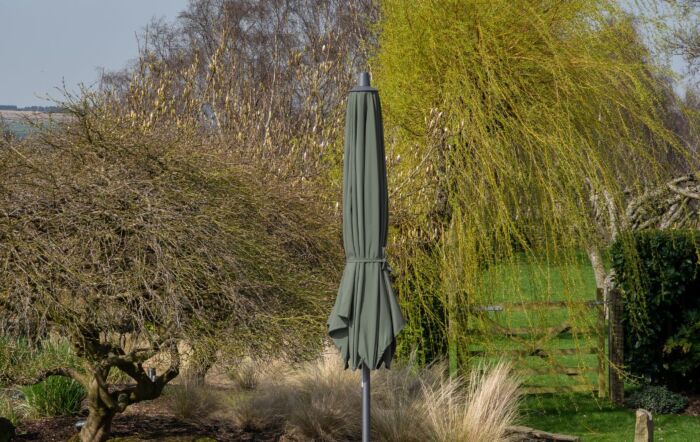 Platinum Riva Olive 3.5mt Round Parasol & Ceramica Sandstone Wheeled Base-18-120-OL & 18-300-SA