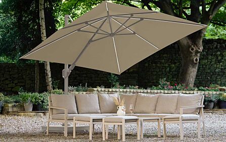 Platinum Glow Challenger T2 3m Square Sandstone-Champagne Free Arm Parasol And Ceramica Sand Filled 90KG Wheeled Base
