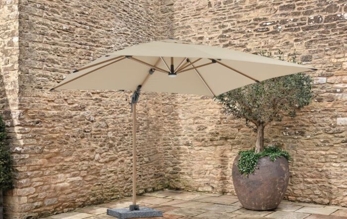 Bramblecrest Truro Wood Effect 3M Square LED Parasol inc Granite Base inc cover - Sand