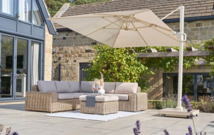 Platinum Challenger T2 3mt square Sandstone/Champagne Free Arm Parasol With 90kg Wheeled Base