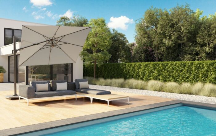 Platinum Challenger T2 3mt Square Luna Grey Free Arm Parasol & 90kg Wheeled Granite Base