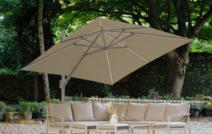 Platinum Glow Challenger T2 3mt Square Sandstone-Champagne Free Arm Parasol And 90KG Wheeled Base