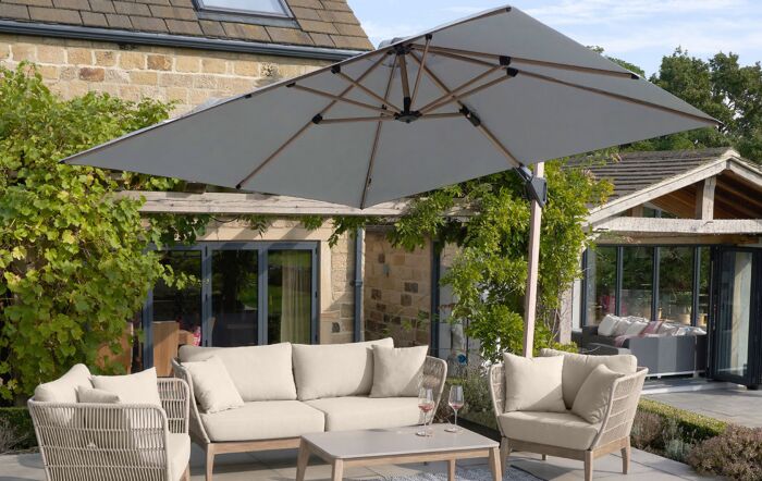 Platinum Challenger Teak T2 Manhattan Grey 3mt Square Free Arm Parasol & 90kg Wheeled Base