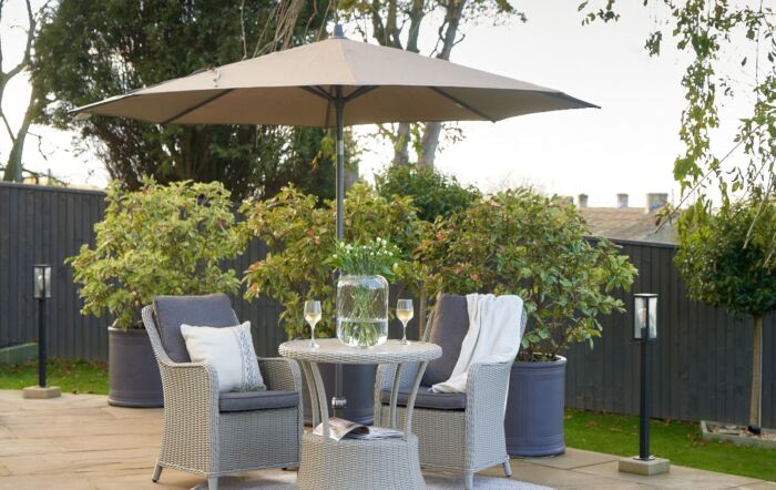 Platinum Riva 3mt Havana Taupe Parasol & 40kg Sandstone Ceramica Wheeled Base