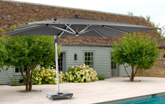 Bramblecrest Worcester 4m x 3m Rectangle Cantilever LED Parasol with Cover and 140kg Wheeled Base - Grey